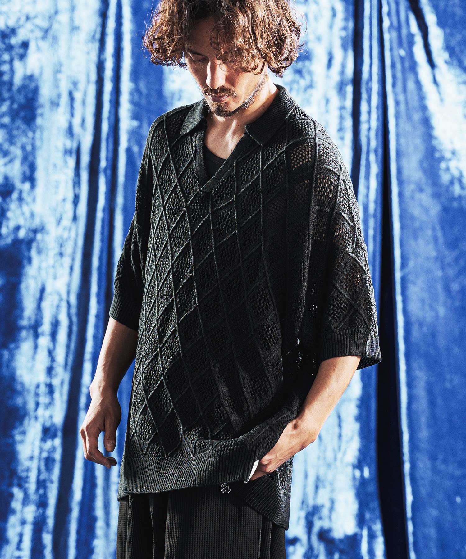ANGENEHM(アンゲネーム)】Diamond Jacquard Sheer Skipper Polo Shirt