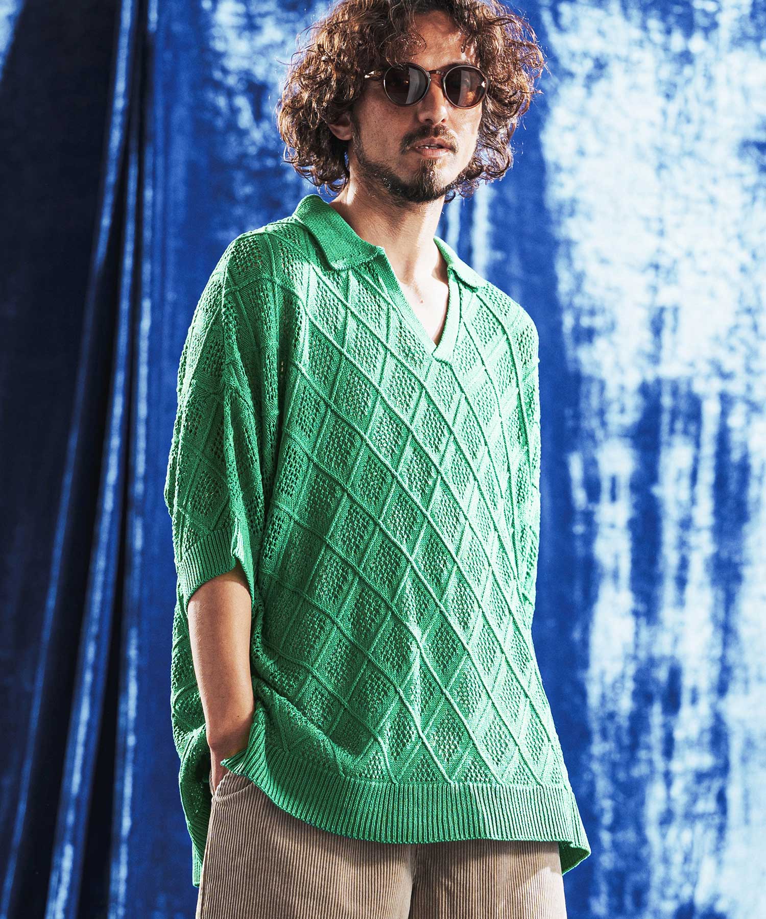 ANGENEHM(アンゲネーム)】Diamond Jacquard Sheer Skipper Polo Shirt