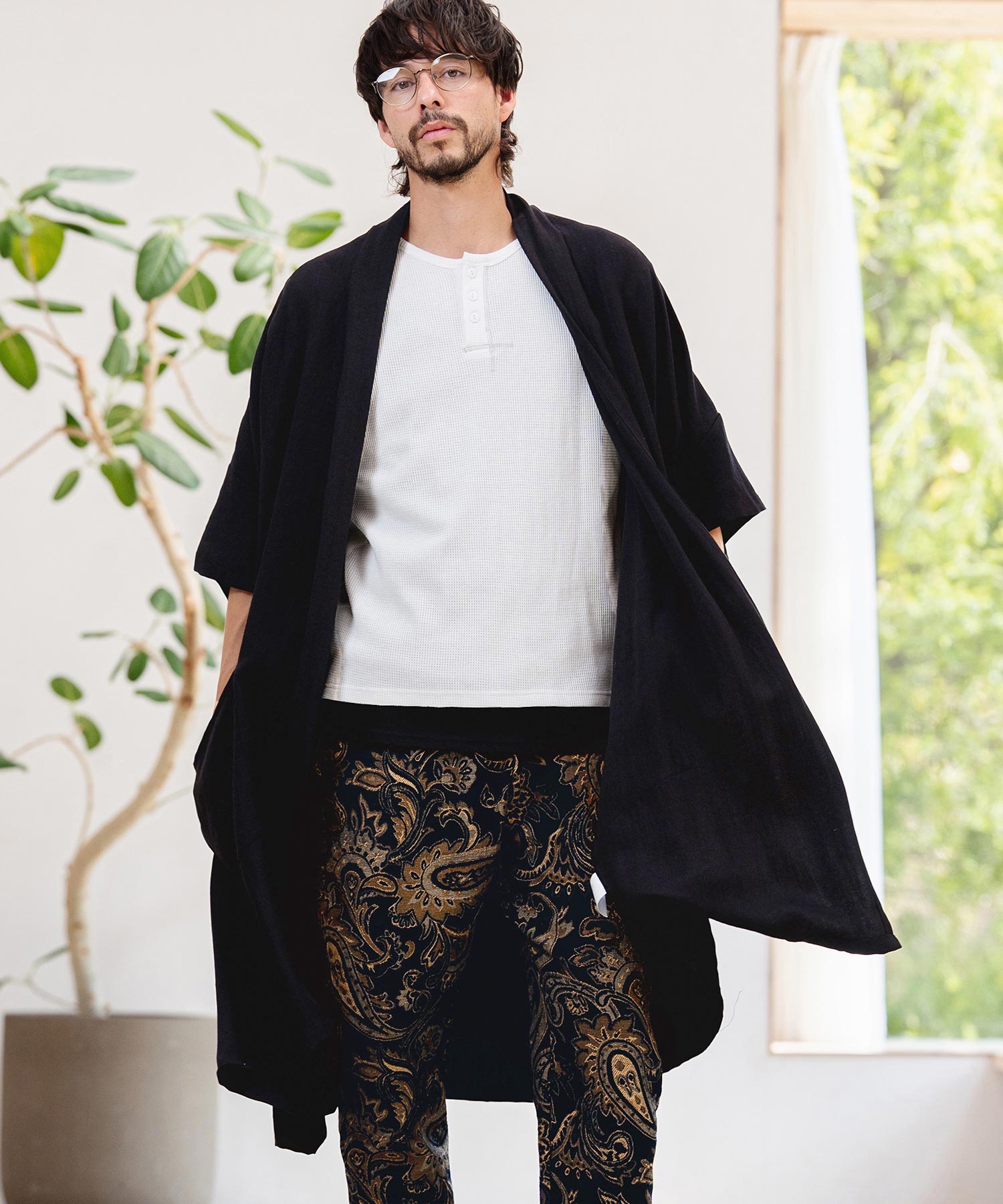 CAMBIO(カンビオ)】Nylon Rayon Linen KIMONO Like Gown ガウン