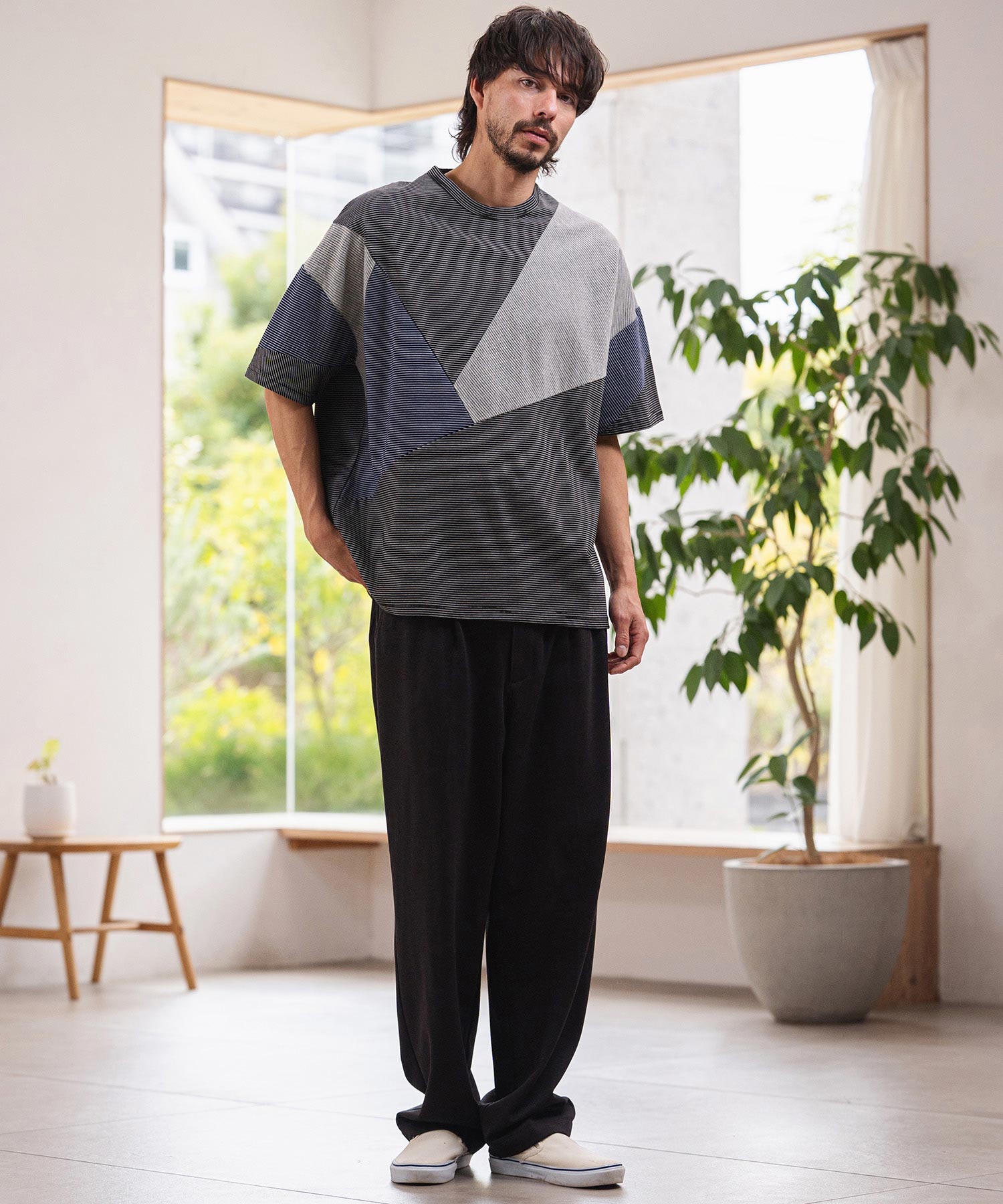 CAMBIO(カンビオ)】Narrow Pitch Border Patchwork Tee Tシャツ