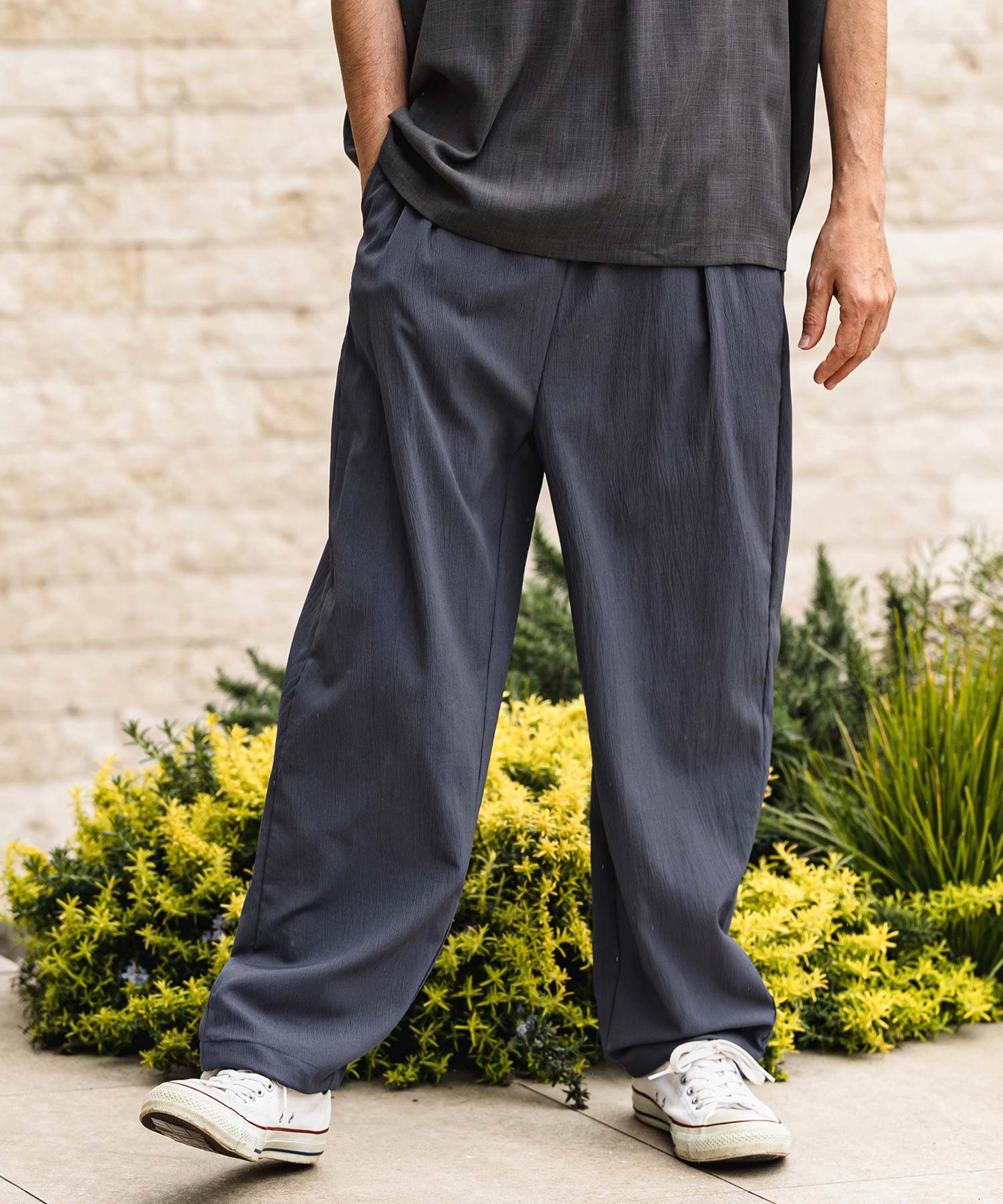 アジャスタブルパンツ L CAMBIO(カンビオ)】Stretch Crinkle Straight Easy Pants イージー