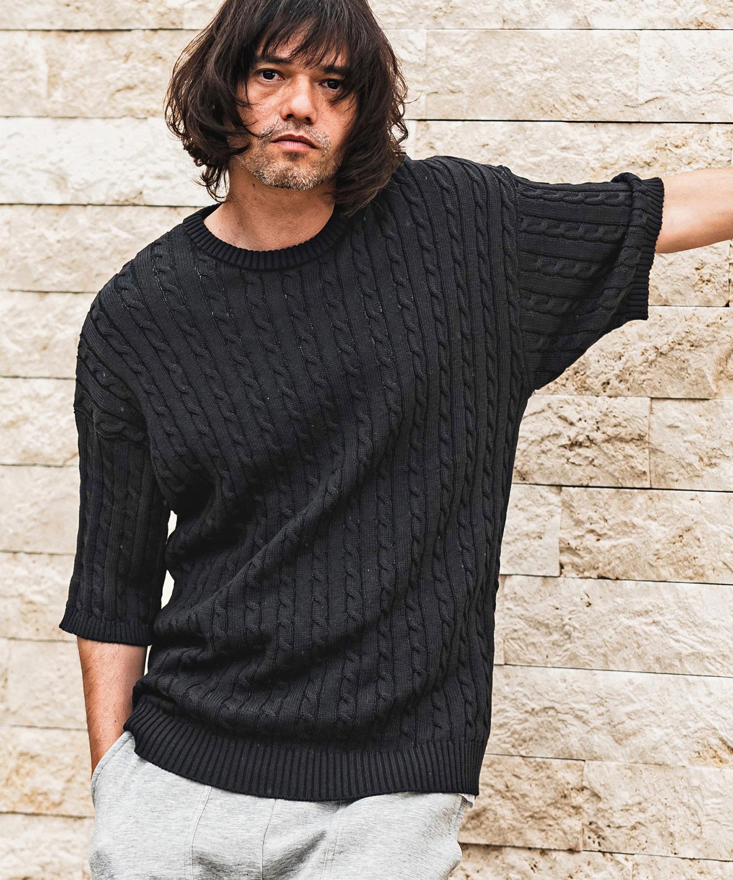 CAMBIO(カンビオ)】Cable Knit Short Sleeve Knit Pullover 半袖ニット
