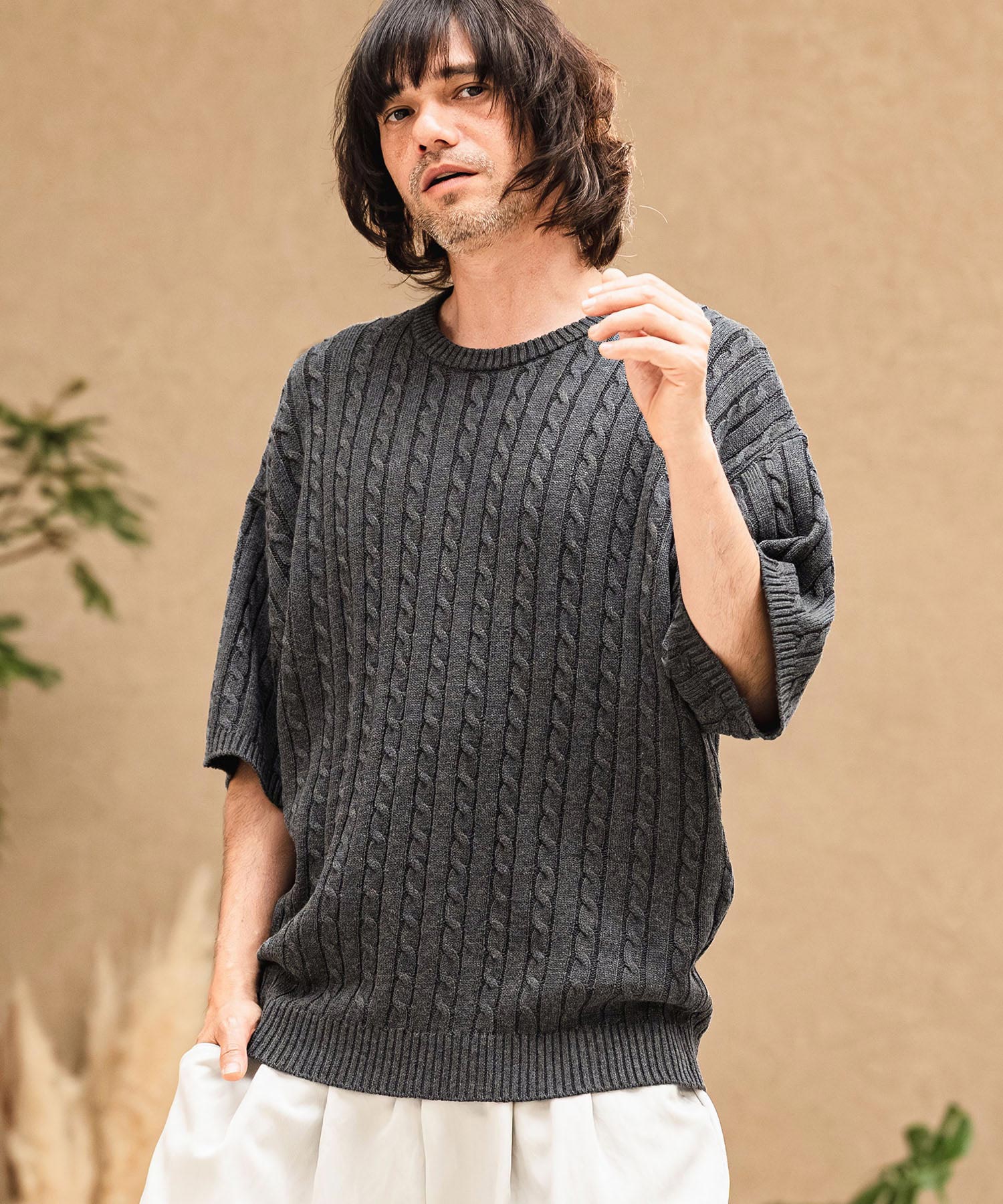 CAMBIO(カンビオ)】Cable Knit Short Sleeve Knit Pullover 半袖ニット