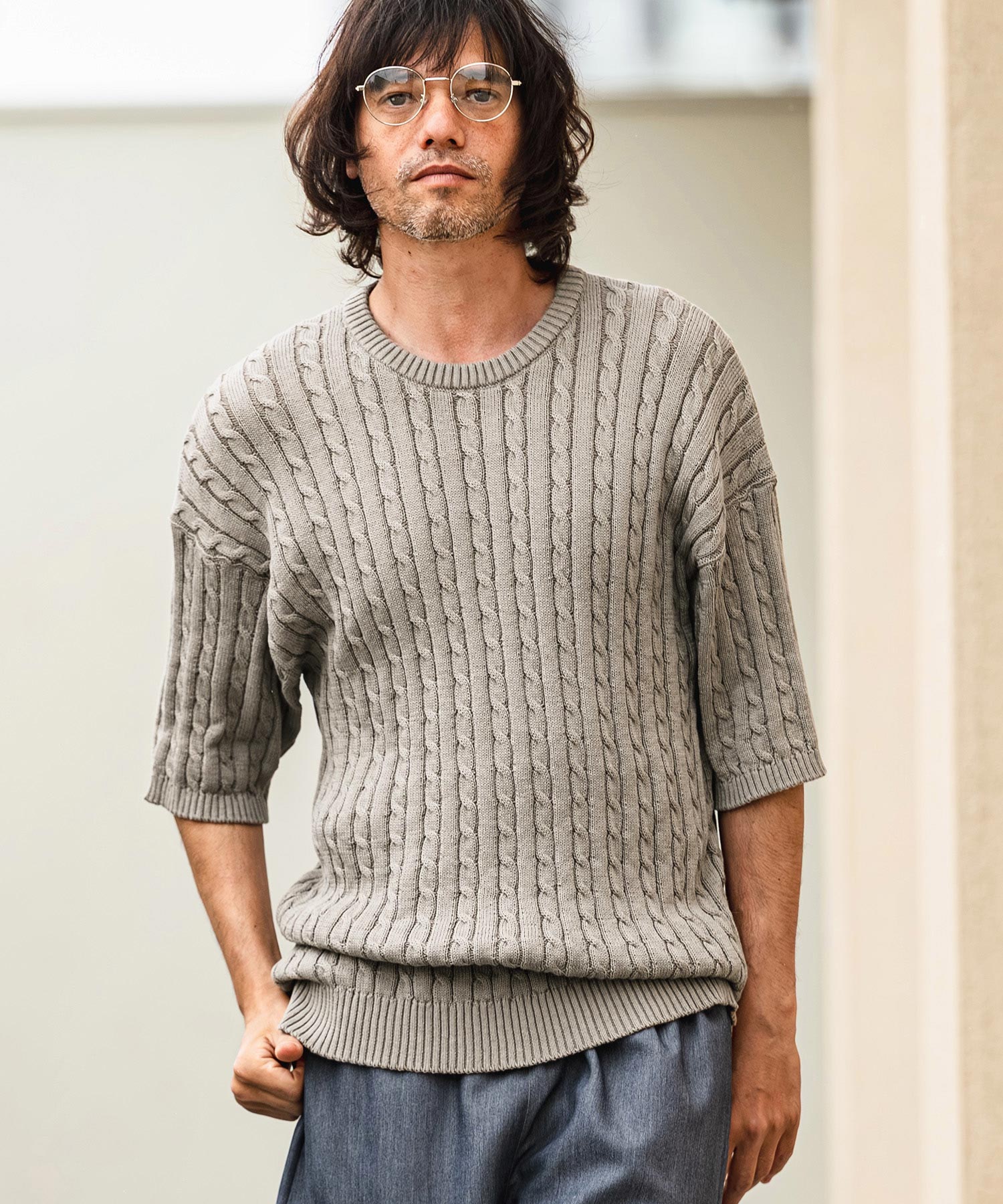 CAMBIO(カンビオ)】Cable Knit Short Sleeve Knit Pullover 半袖ニット