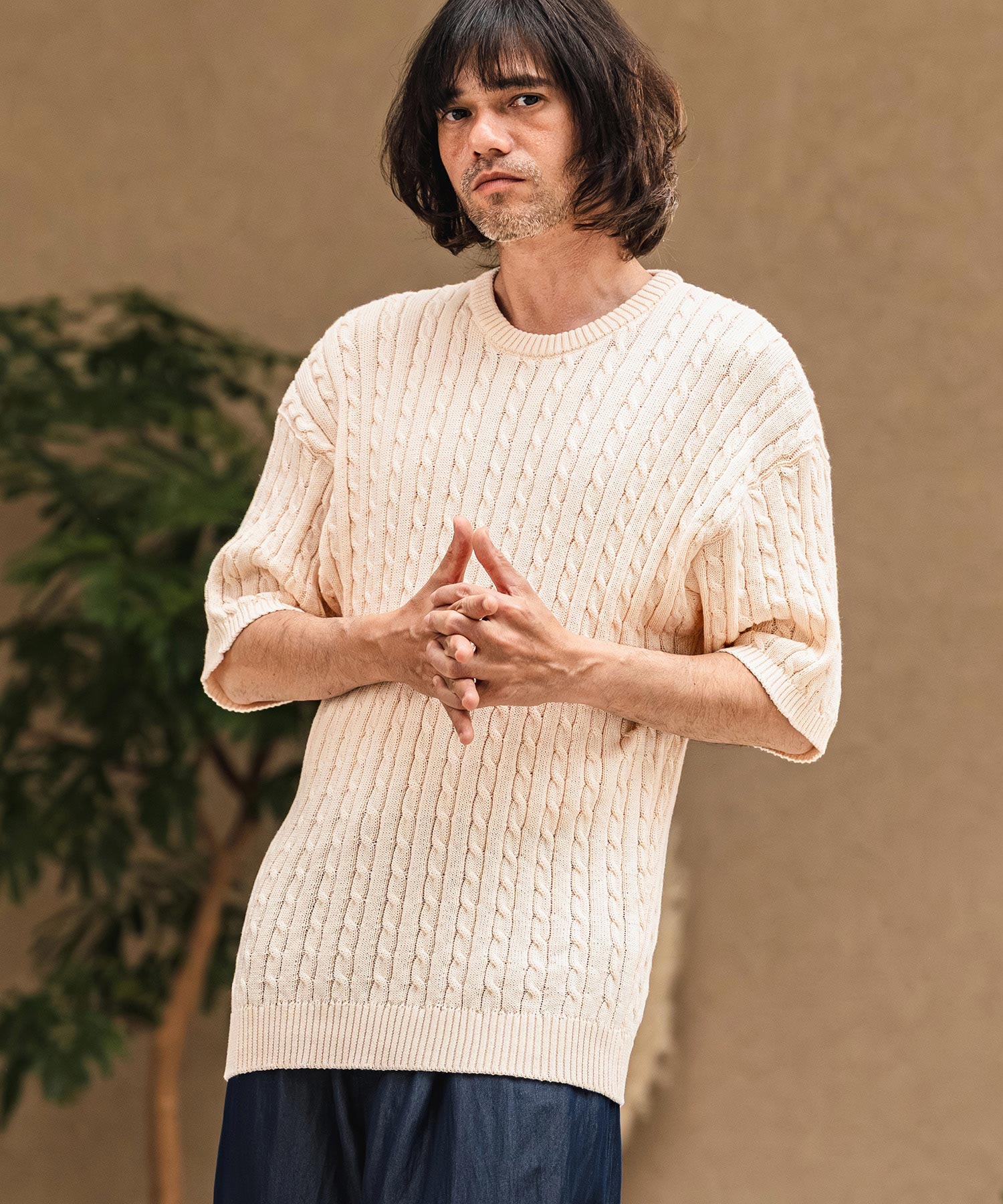 CAMBIO(カンビオ)】Cable Knit Short Sleeve Knit Pullover 半袖ニット