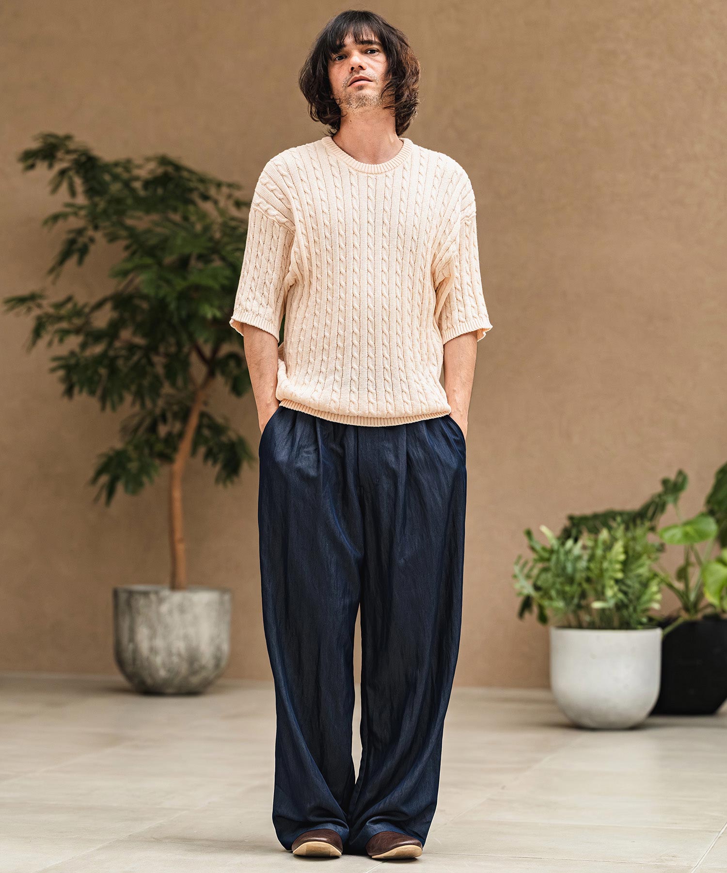 CAMBIO(カンビオ)】Cable Knit Short Sleeve Knit Pullover 半袖ニット