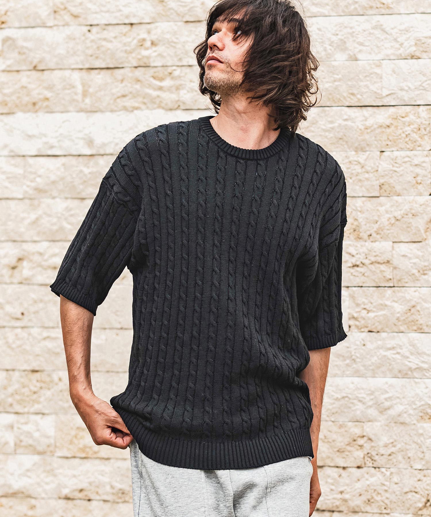 CAMBIO(カンビオ)】Cable Knit Short Sleeve Knit Pullover 半袖ニット