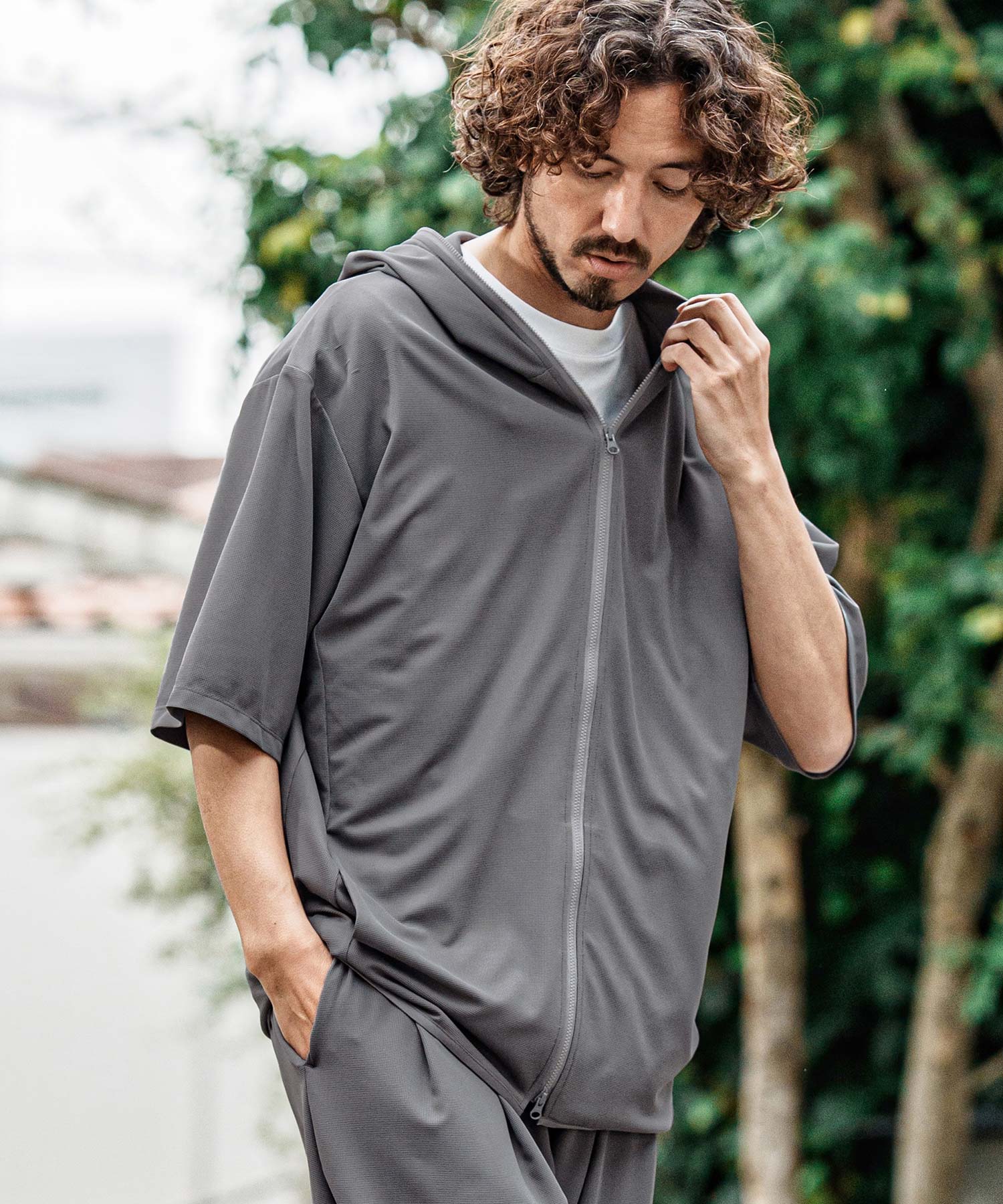 CAMBIO(カンビオ)】Stretch Mini Waffle Short Sleeve Zip Up Parka