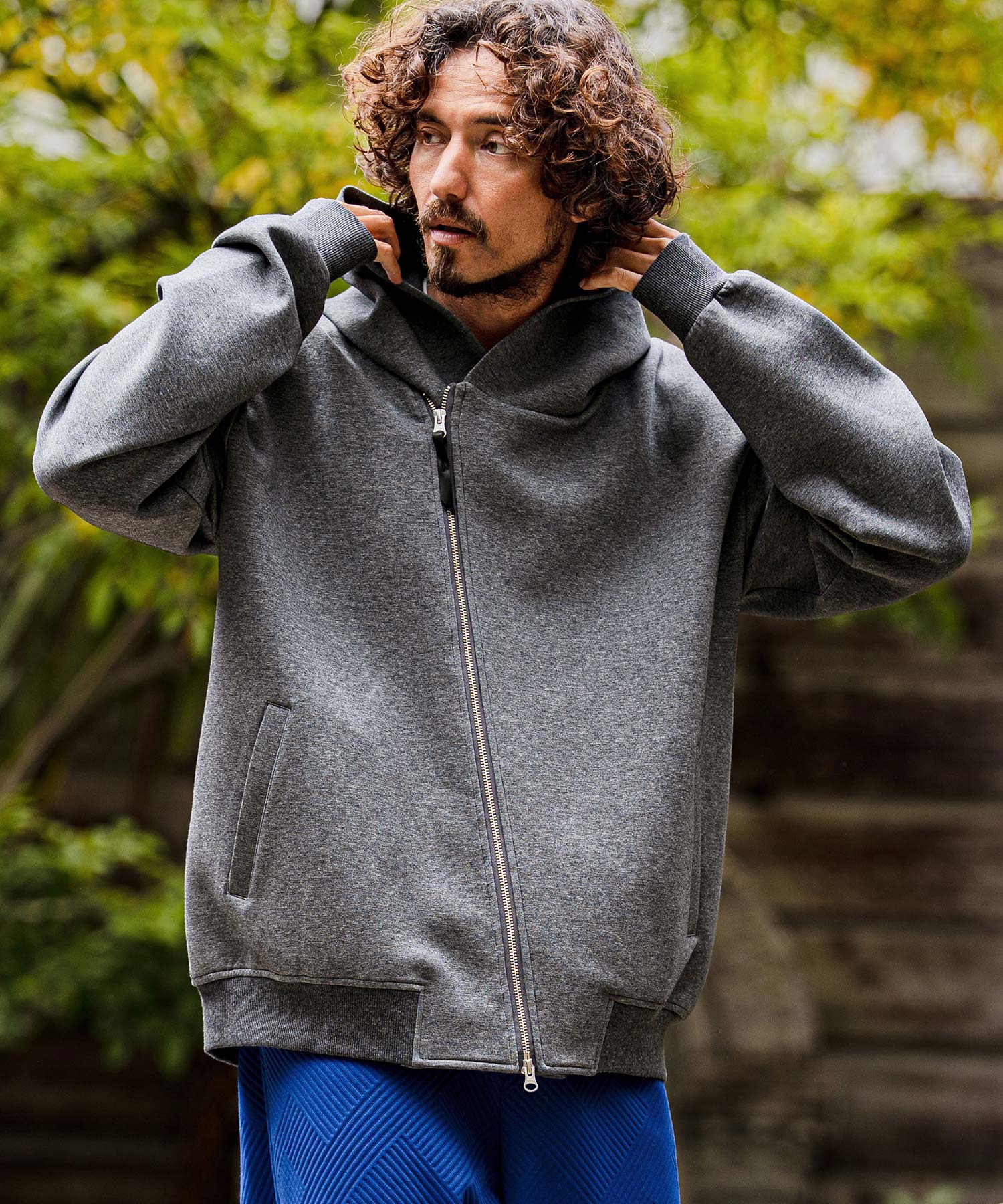 CAMBIO(カンビオ)】Diagonal Zip Scuba Knit Hoodie ダンボールニット