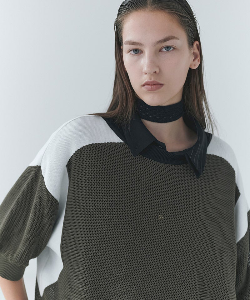 30%OFF【CULLNI(クルニ)】Airy Mesh Contrast Panel Short Sleeve Knit