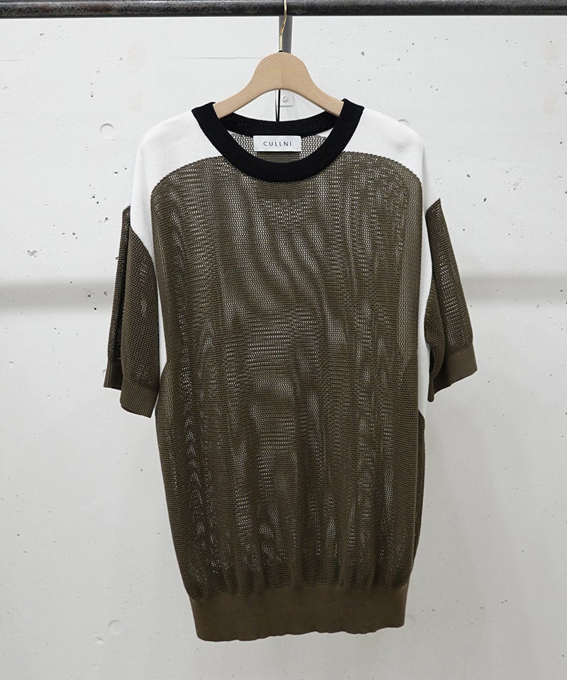 CULLNI(クルニ)】Airy Mesh Contrast Panel Short Sleeve Knit