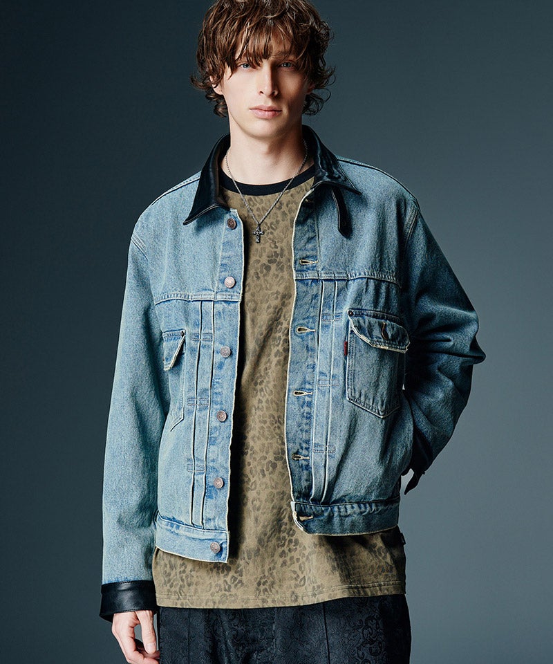 glamb(グラム)】Leather Combination Denim Jacket レザー