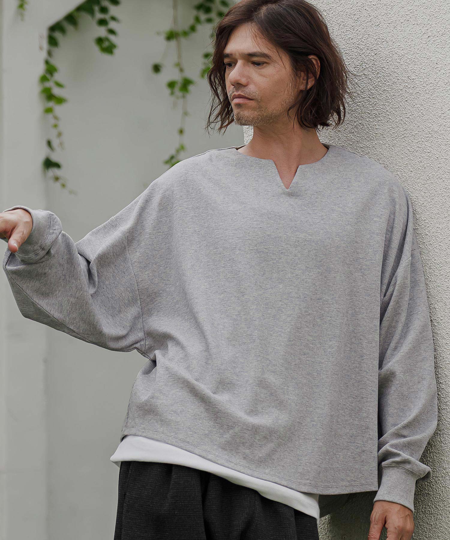 CAMBIO(カンビオ)】Honeycomb Waffle Key Neck Long Sleeve Tee